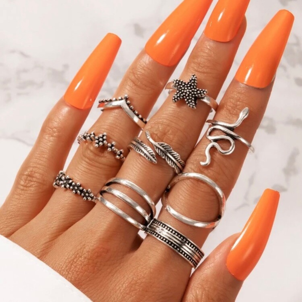 9 Silver Rings Starfish Snake Set